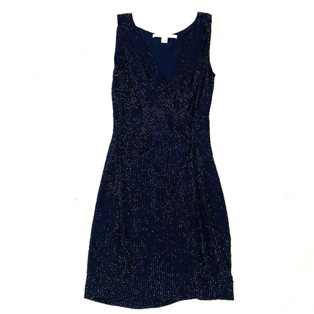 Diane Von Furstenberg DVF Beaded Silk Faux Wrap Cocktail Party Dress Sz 2 Black